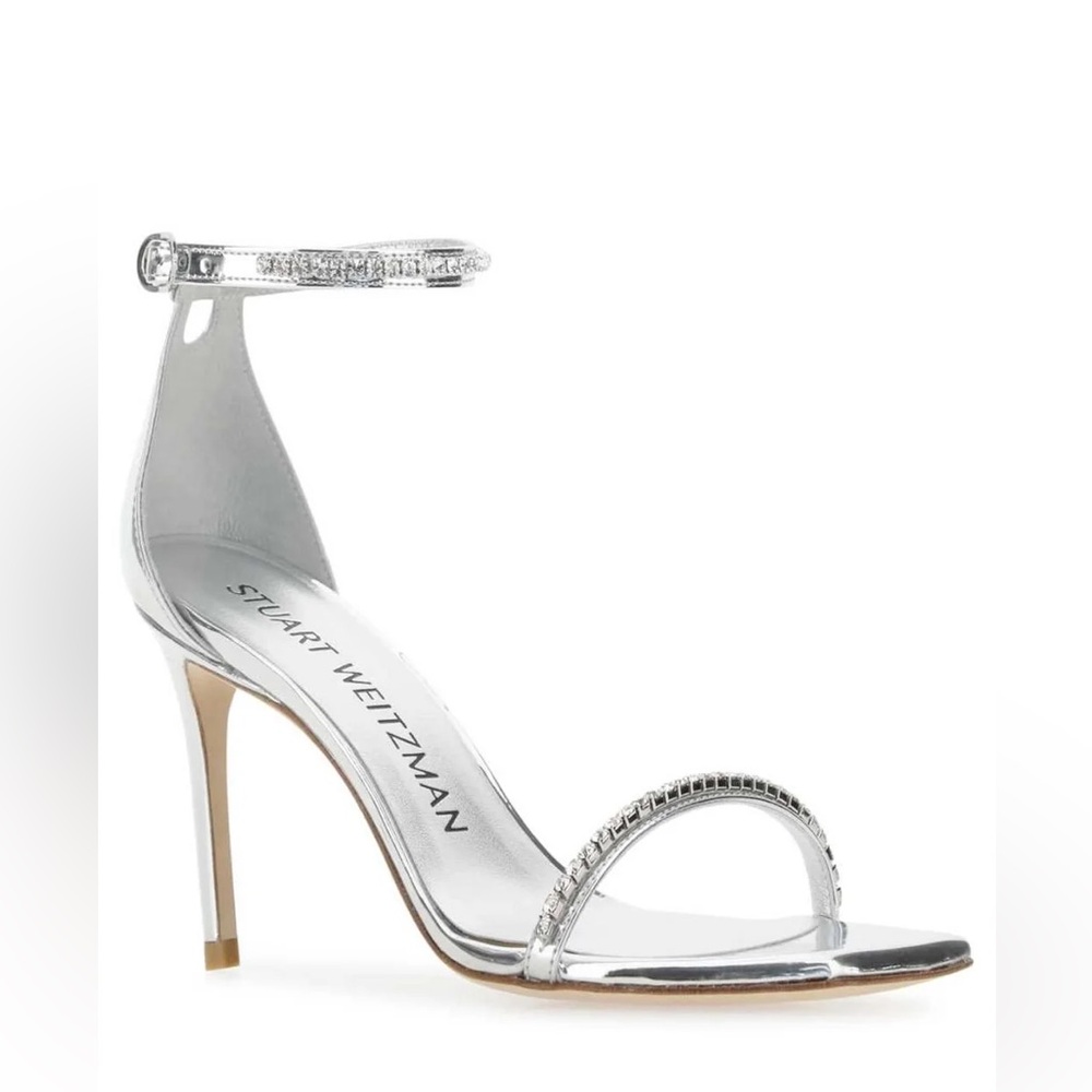 Stuart Weitzman Glam Crystal Heels Silver Metallic Ankle Strap Size 10.5 party